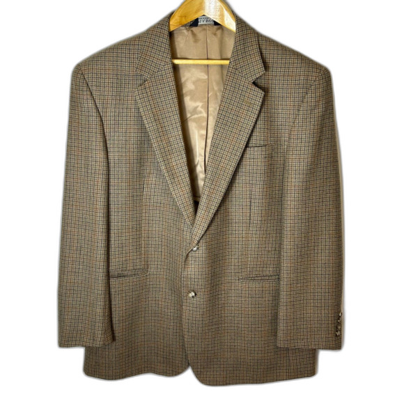 Jos. A. Bank Tan Gray Wine Houndstooth Check Wool 2 Button Sports Coat Size 46R - Picture 2 of 16